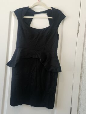 bebe Black Peplum Midi Dress with Cutout Back L Euc